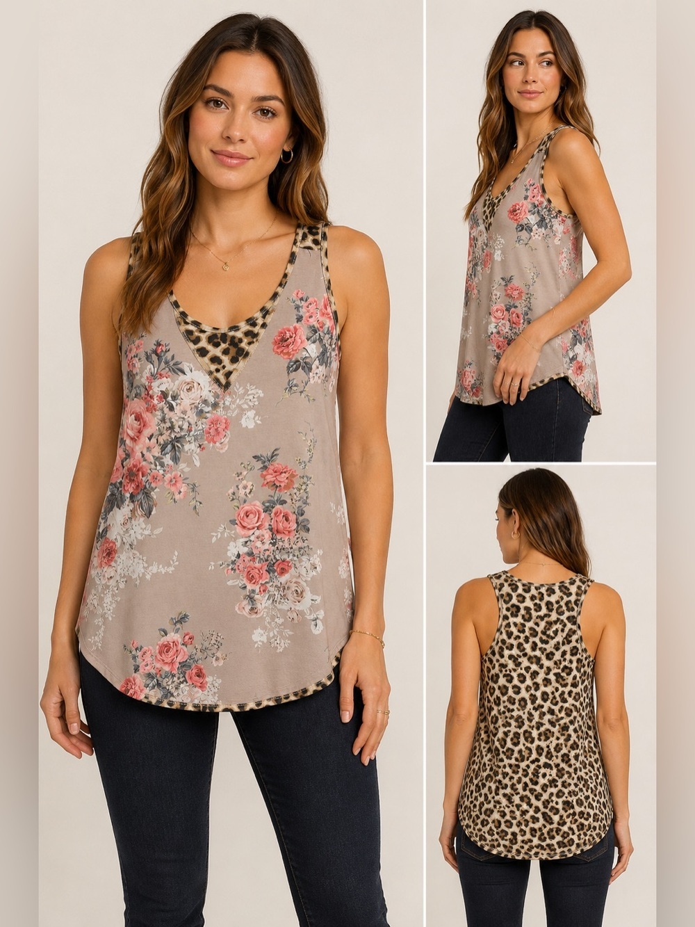 Avery Apparel Company Floral Leopard Print Tank Top Made USA